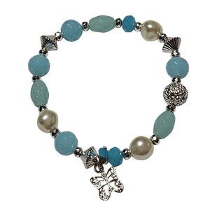 Handcrafted Boho Butterfly Charm Beaded Bracelet Stretch Aqua Beads Faux Pearls